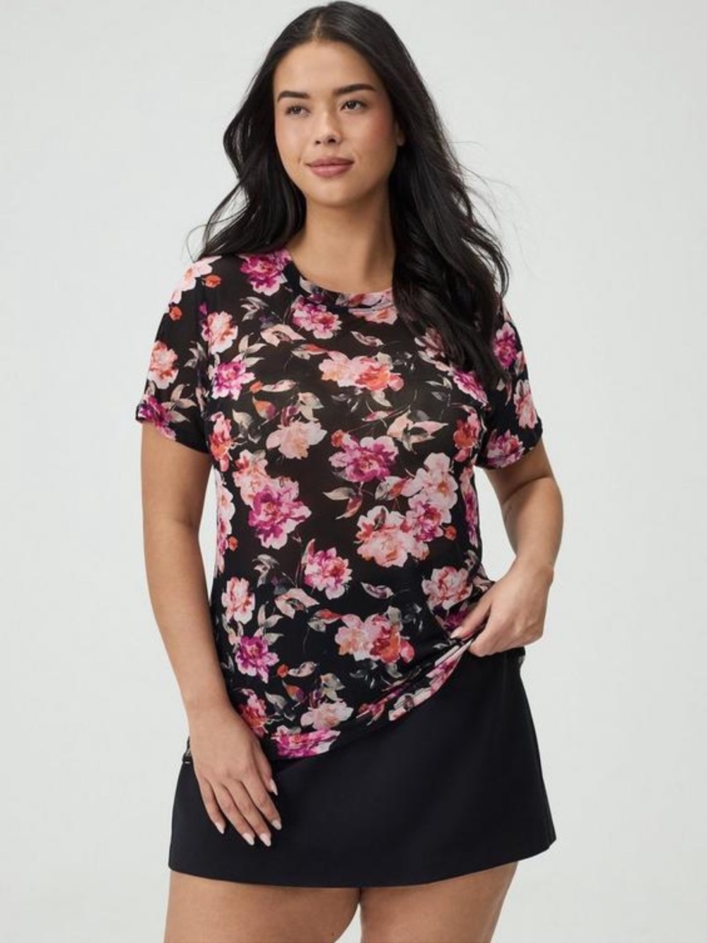 Torrid Plus Floral Short Sleeve Mesh layering Tee in Black and Pink NWT